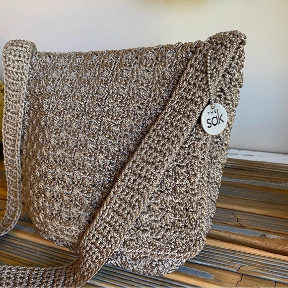 The Sak Neutral Taupe Woven Crochet Flap Shoulder Bag - Picture 2 of 12